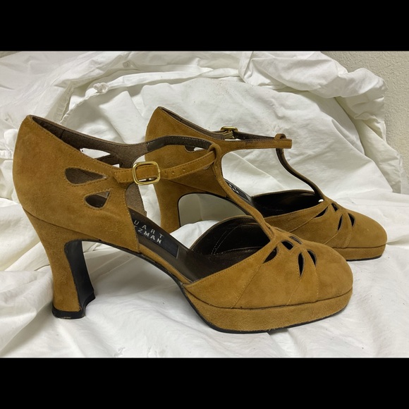 Stuart Weitzman T-Strap, Block Heel Platform Shoes, Suede - Picture 3 of 10